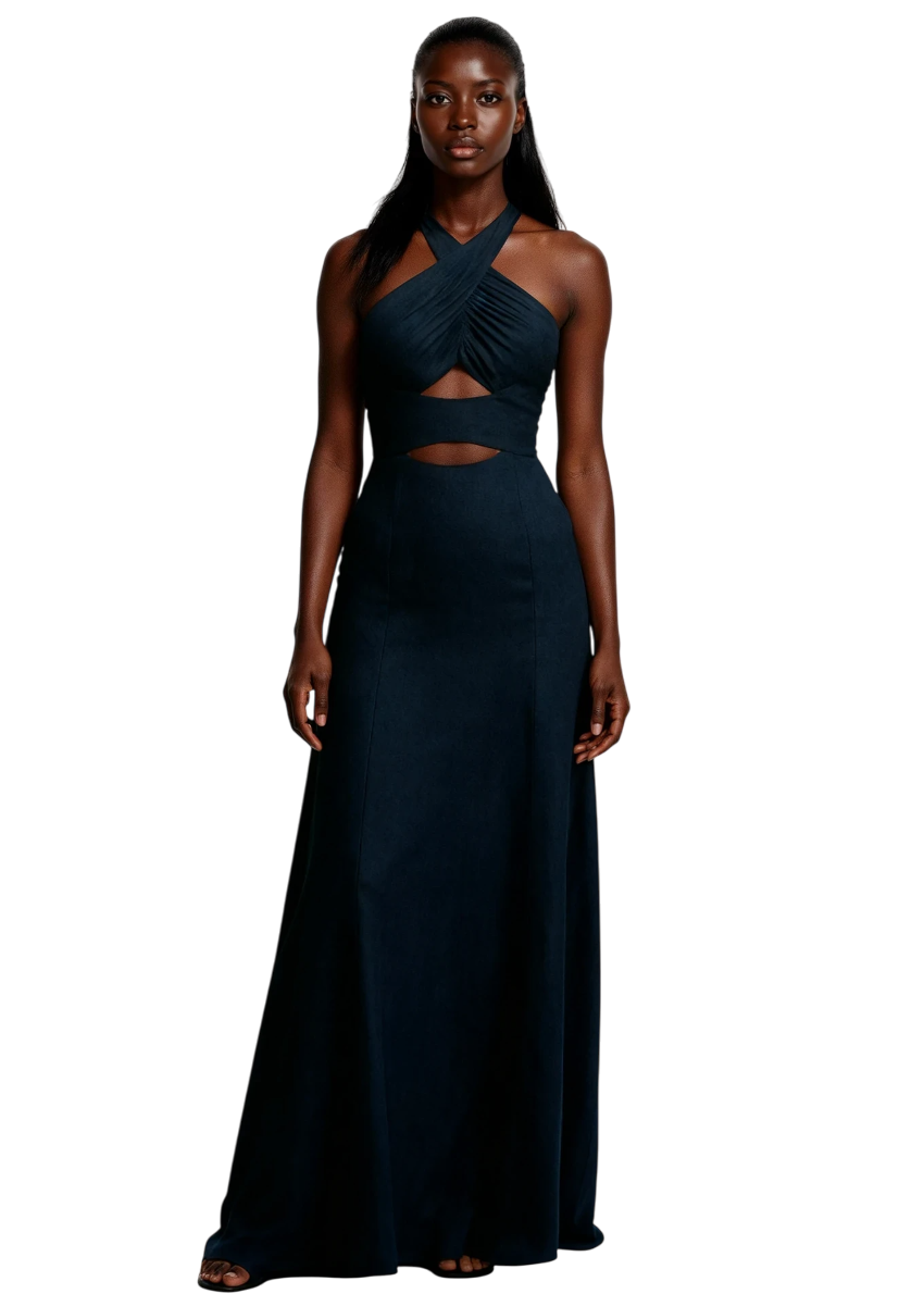 Woman wearing a dark blue evening gown with cut-out design on a white background